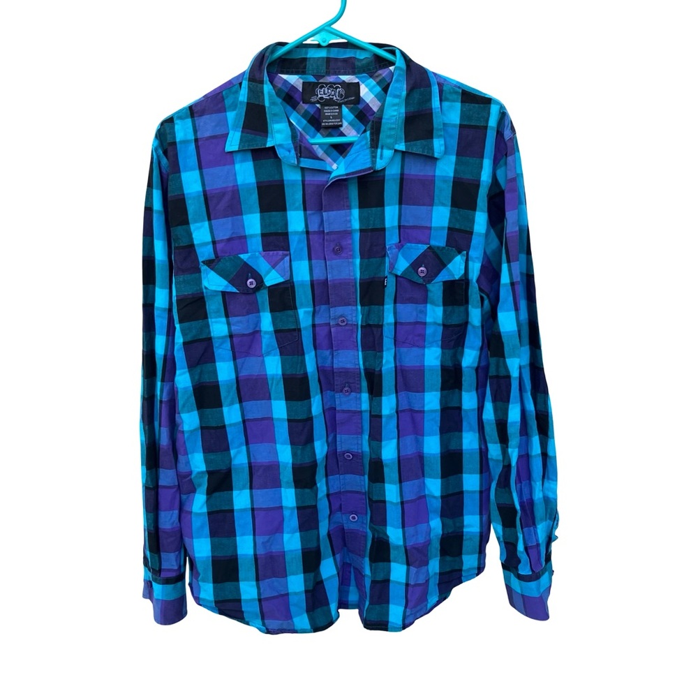 Eldons Button Up Long Sleeve Shirt Large Cotton Plaid Blue Purple Front Pockets